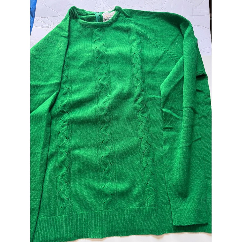 Vintage Helen Sue Green Cable Knit Sweater Back Zip Acrylic Size 46 Raglan